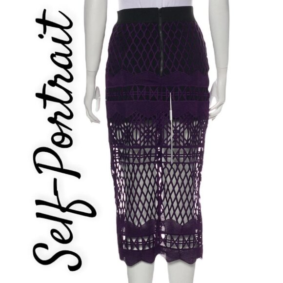 NWT Self-Portrait Cutwork Lace Pencil Skirt in Deep Purple & Black, Size 0 - Picture 7 of 12